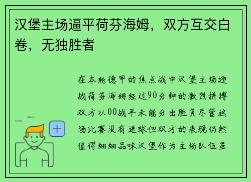 汉堡主场逼平荷芬海姆，双方互交白卷，无独胜者